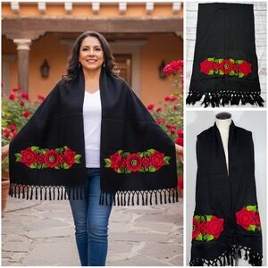 Black Shawl Wrap with Red Rose Mexican Zinacantan Embroidery